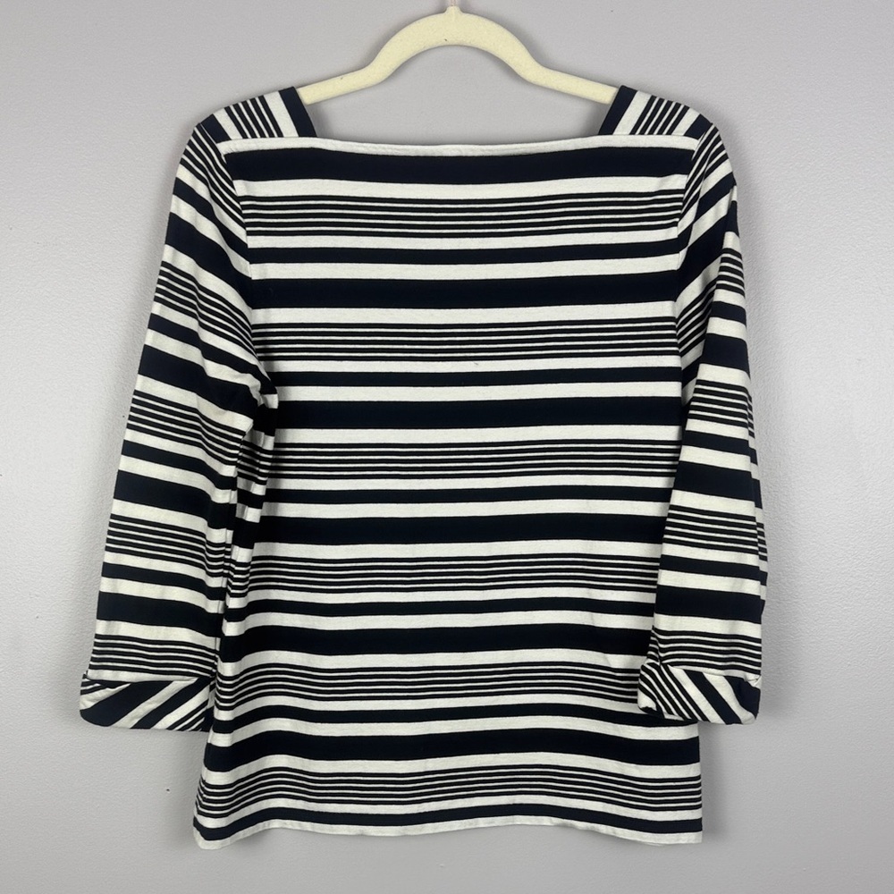 Talbots Cotton Classic Black White Striped Square Neckline 3/4 Sleeve Small Top - Picture 10 of 10